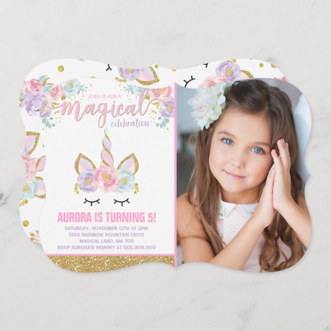 Magical unicornio invitación de cumpleaños a unico (Anverso / Reverso)