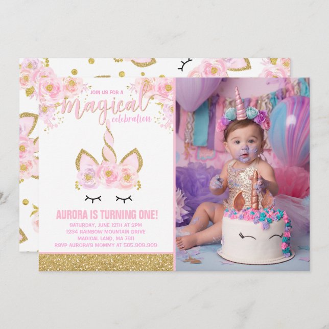 Magical unicornio invitación de cumpleaños a unico (Anverso / Reverso)