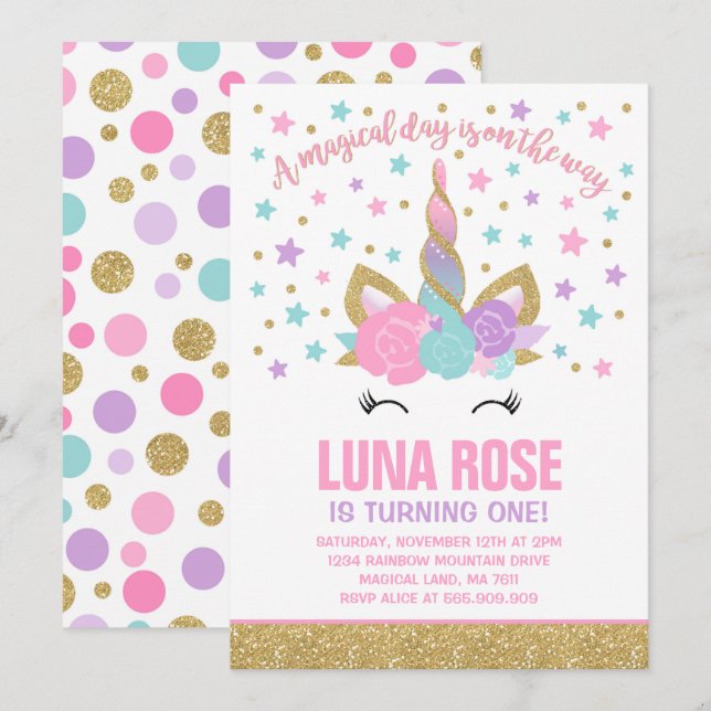 Magical unicornio invitación de cumpleaños a unico (Anverso / Reverso)