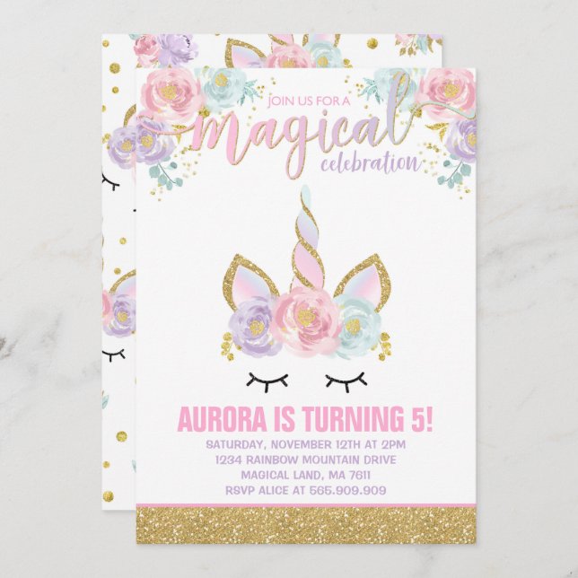 Magical unicornio invitación de cumpleaños a unico (Anverso / Reverso)