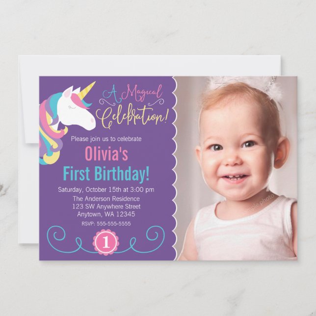 Magical Unicornio Púrpura Foto Invitaciones a cump (Anverso)