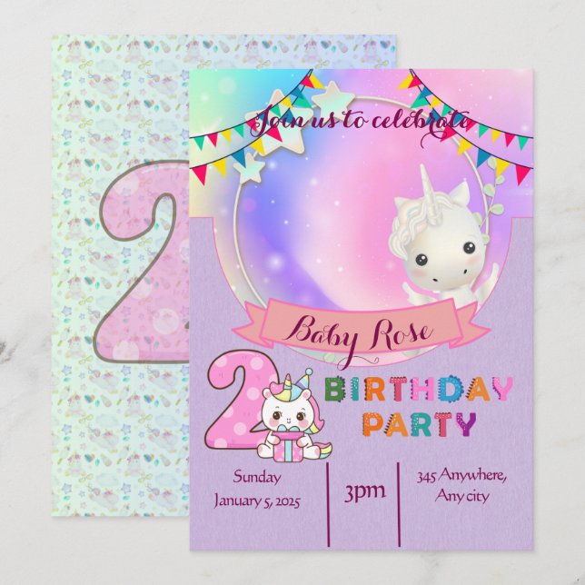 Magical Unicornio- Segunda Invitación a la fiesta  (Anverso / Reverso)