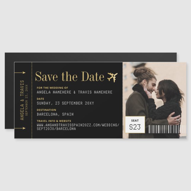Magnet Boarding Pass Save the Date Black Gold (Anverso/Reverso)