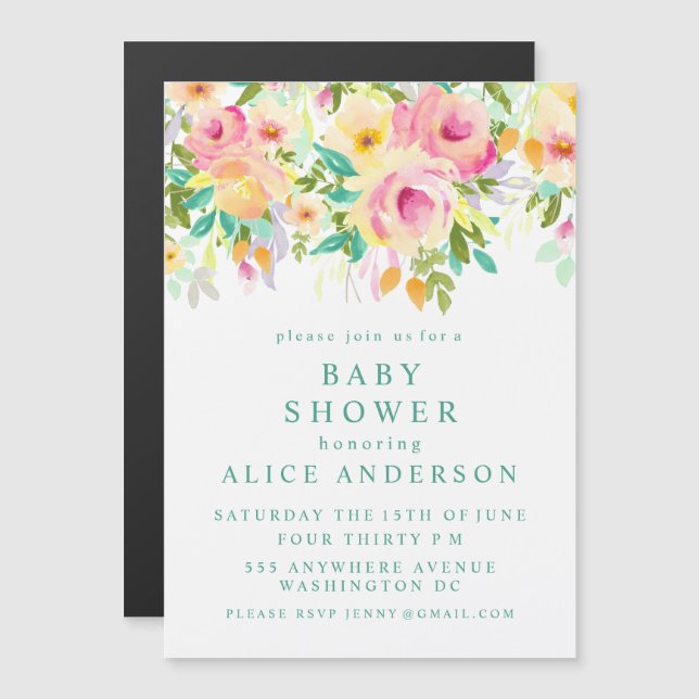 |MAGNET| Invitación a Baby Shower de acuarela flor (Anverso/Reverso)