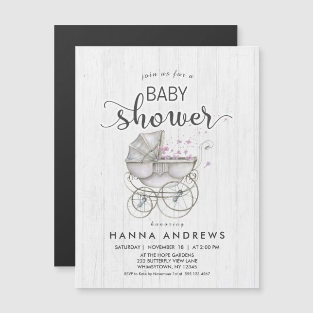 Magnética Invitación a Baby Shower del Chica de madera blanc (Anverso/Reverso)