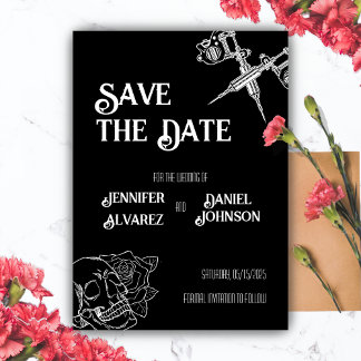 Magnética Invitación a la boda de tatuaje de cráneo blanco y