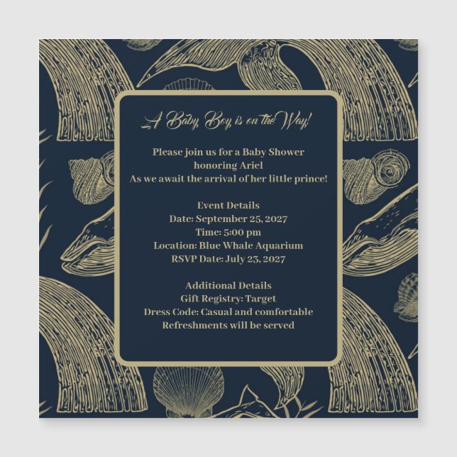 Magnética Invitación de Baby Shower de azul de ballena náuti (Anverso)