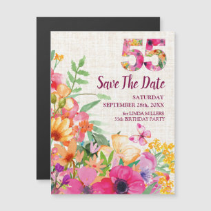 Magnética Invitación de Cumpleaños 55 Años Floral Lino Fecha