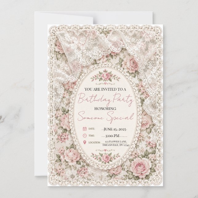 Magnética Invitación de cumpleaños de encaje floral rosa vin (Anverso)