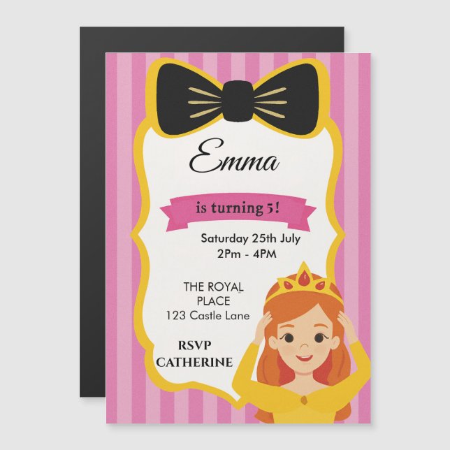 Magnética Invitación de cumpleaños de Princesa Rosa | zazzle (Anverso/Reverso)