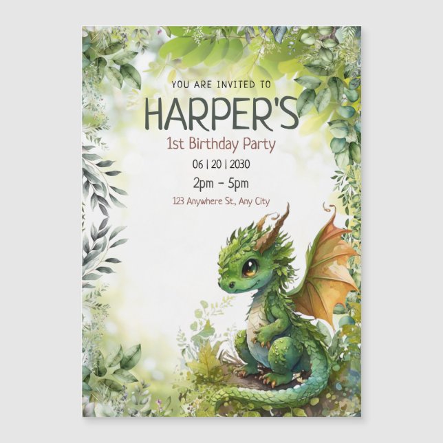 Magnética Invitación de cumpleaños editable para dragón 1er  (Anverso)