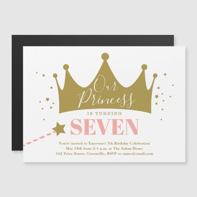 Magnética Invitación de cumpleaños rosa de princesa femenina (Anverso/Reverso)