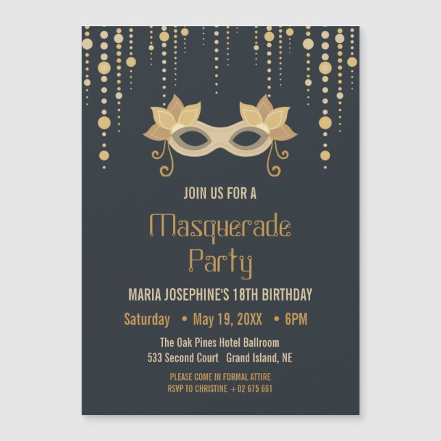 Magnética Invitación de la fiesta de cumpleaños de Mascarada (Anverso)
