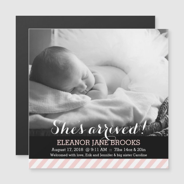 Magnética Llegó a la Invitación de bebé con franjas rosadas (Anverso/Reverso)