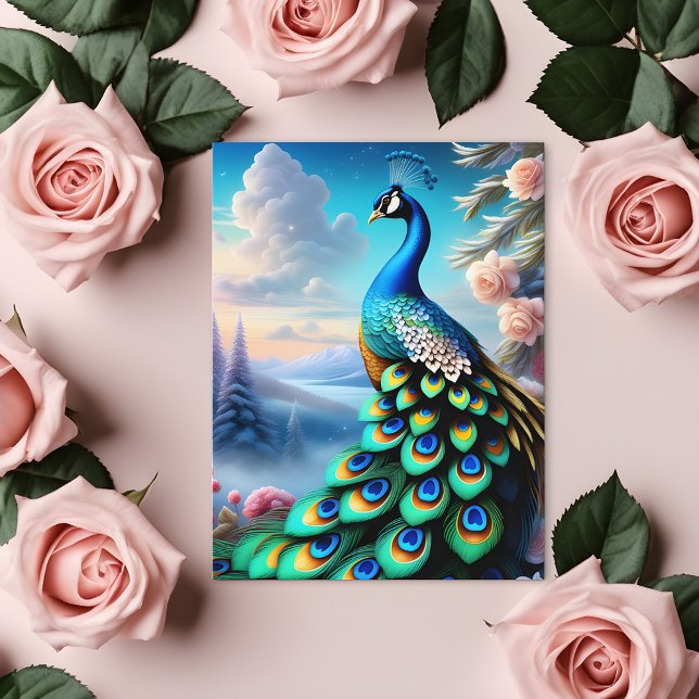 Magnífica fantasía Art Rosa Jardín Postal Peacock  (🌹 Whimsical Elegance: Peacock in Winter Garden! ❄️)