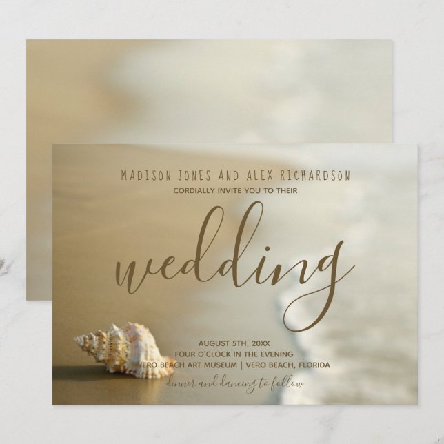 Magnífica invitación a bodas en playa de oro (Anverso / Reverso)