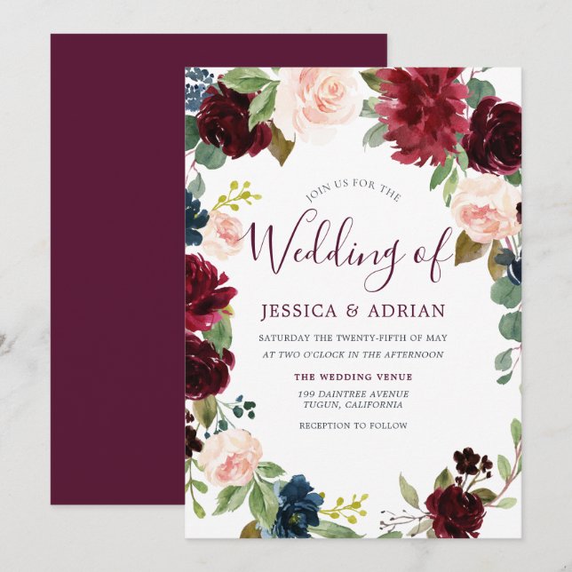 Magnífica invitación a la boda de Rubor con vino r (Anverso / Reverso)