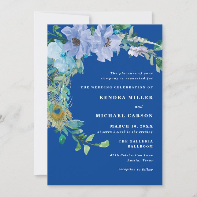 Magnífica invitación a la boda floral azul de zafi (Anverso)