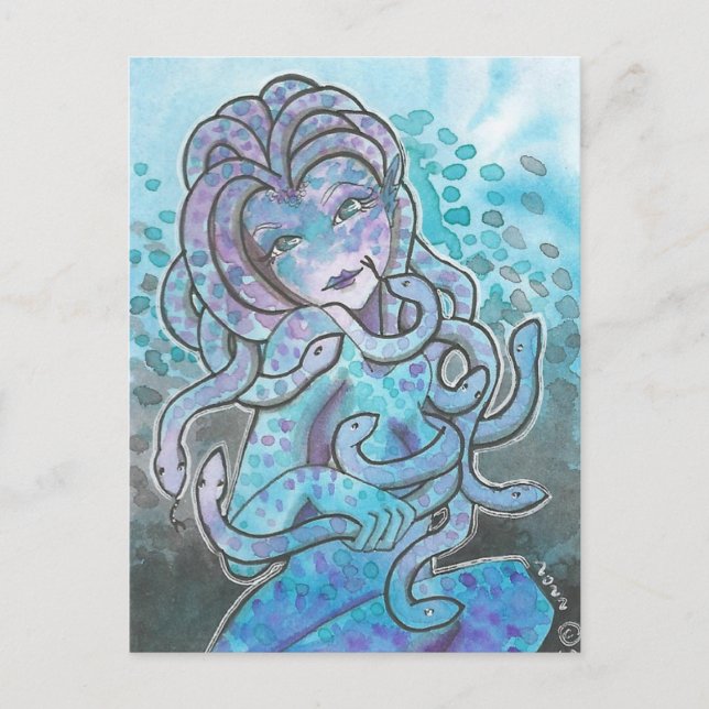 Magnífica postal de Arte Gorgon azul Medusa Fantas (Anverso)