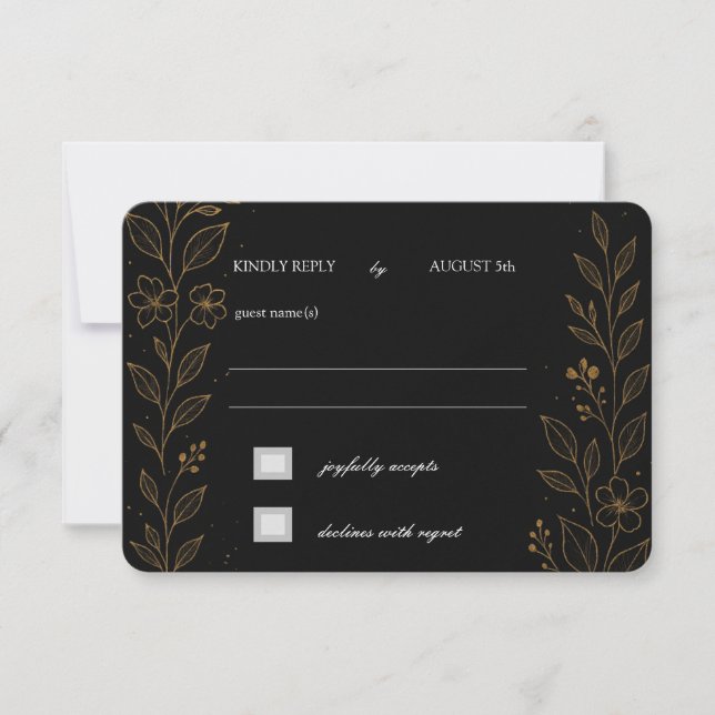 Magnífica tarjeta RSVP de Boda Negra y Oro (Anverso)
