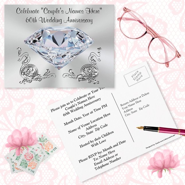 Magníficas invitaciones personalizadas para el 60º (Cheap, 60th Anniversary Invitations or 60th Anniversary Save the Dates, Post Cards. )