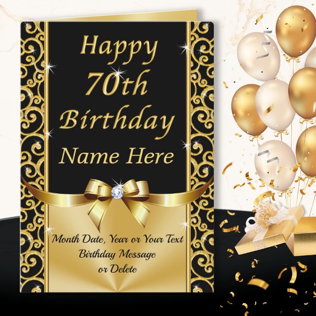Magníficas tarjetas de cumpleaños 70 Black and Gol (70th birthday wishes for female friend. Personalised, 70th birthday cards for her. Black and Gold.)