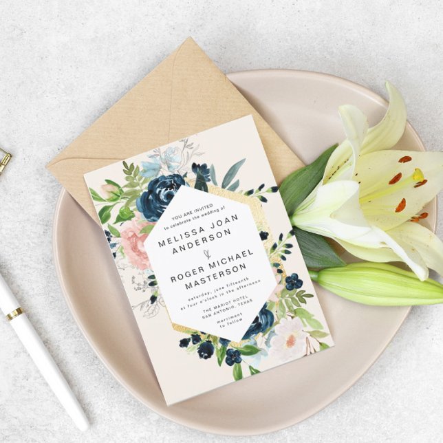 magnífico blues oro floral Boda Invitación (Subido por el creador)