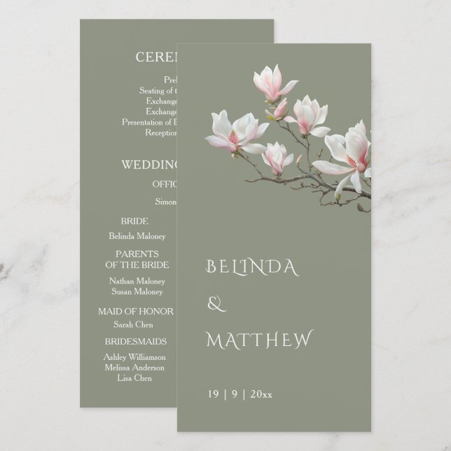 Magnolia Artística Verde Salvia | Programa de Boda (Anverso / Reverso)