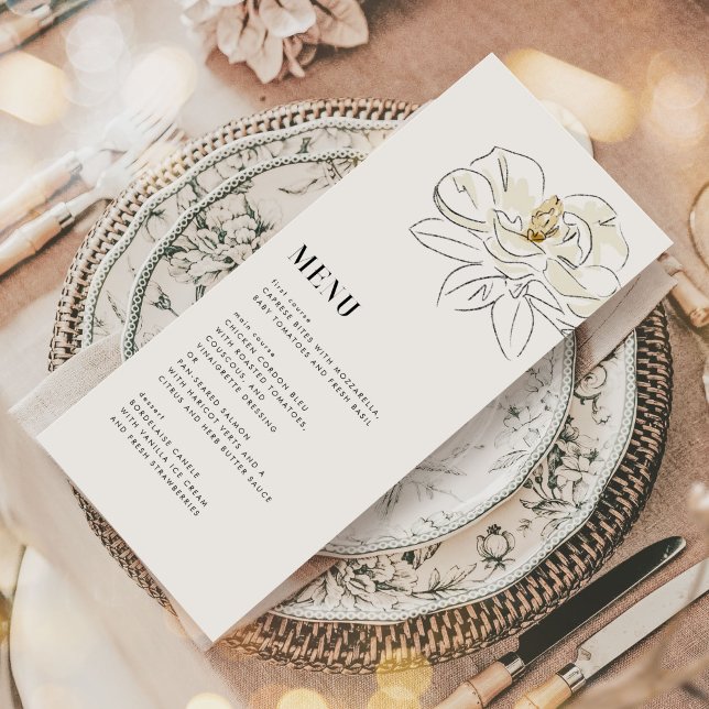 Magnolia Blanca Ilustracion Menú Boda moderno (Romantic Southern-inspired white magnolia illustration wedding menu.)