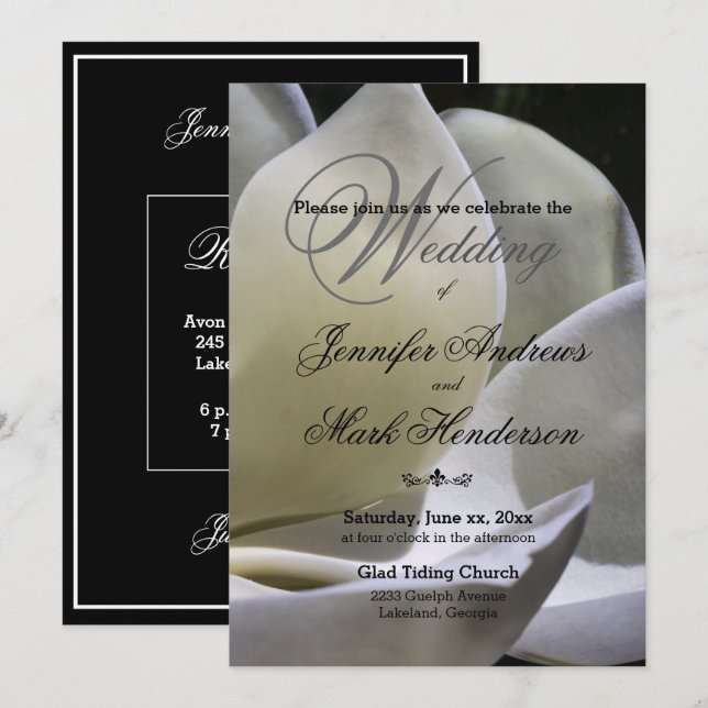 Magnolia blanca - Invitación a la boda - Blanco y  (Anverso / Reverso)