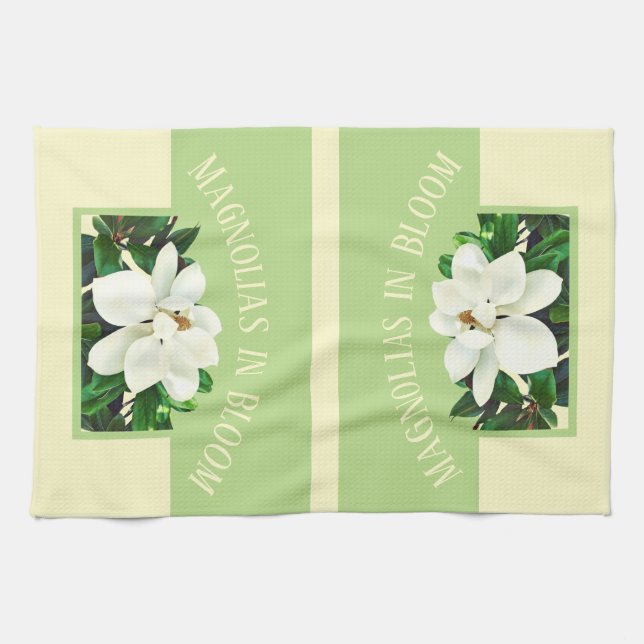 Magnolia Bloom | Toalla de cocina verde y amarilla (Horizontal)