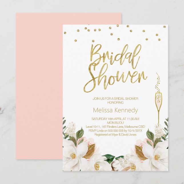 Magnolia Champagne Glass Bridal Shower Invitación (Anverso / Reverso)
