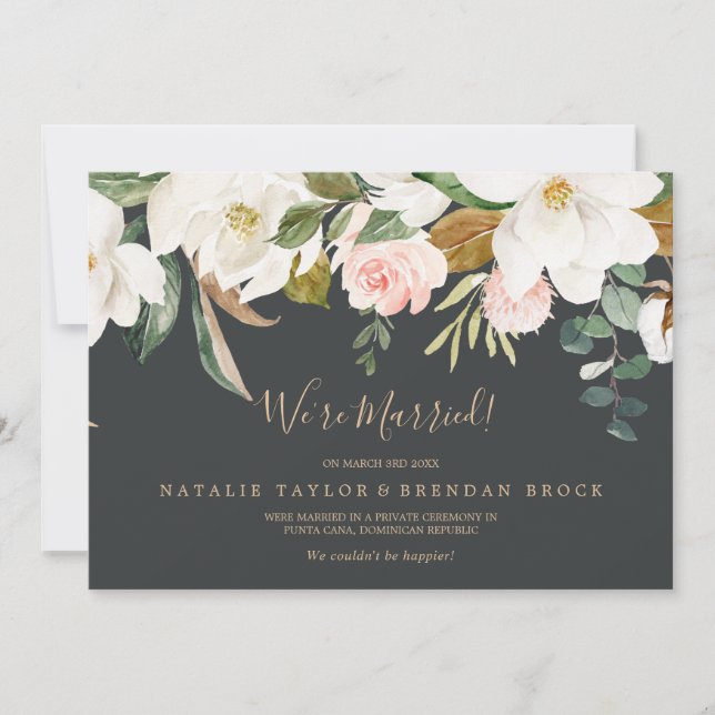 Magnolia elegante | Invitación de Elopement Negro (Anverso)