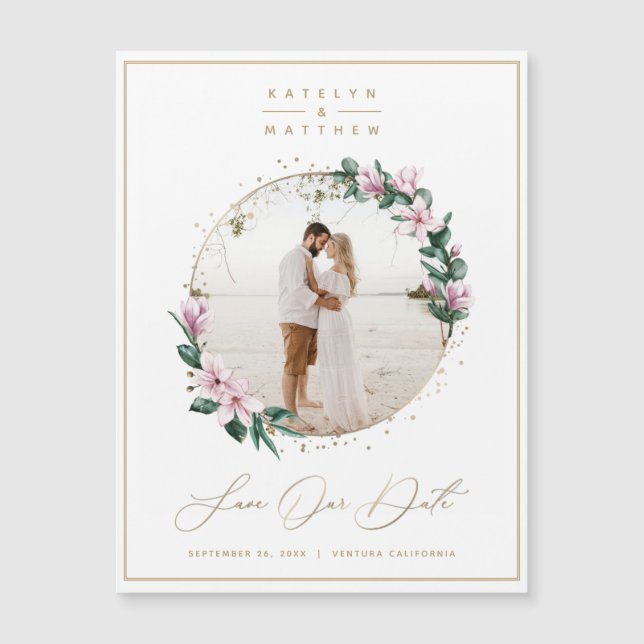 Magnolia Floral Gold Circle Photo Save the Date (Anverso)