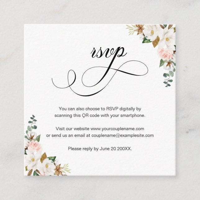 Magnolia Floral Script QR Código Boda Tarjeta RSVP (Anverso)