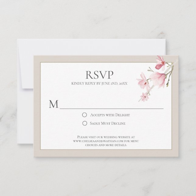 Magnolia florece con tarjetas RSVP rosas y mocha (Anverso)