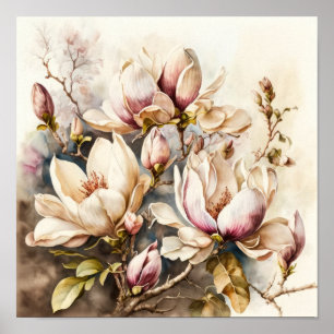 Magnolia rosa Flores Poster de impresión de arte