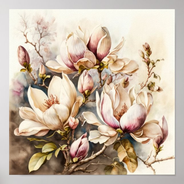 Magnolia rosa Flores Poster de impresión de arte (Frente)