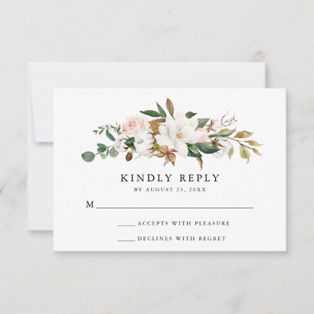 Magnolias acuarelas | Tarjeta RSVP de boda (Anverso)