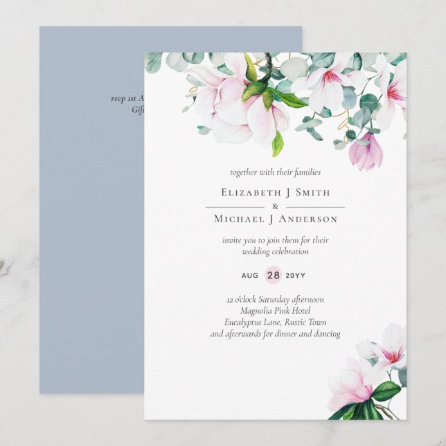 Magnolias rosadas Sage Eucalyptus Dusty Blue Boda (Anverso / Reverso)