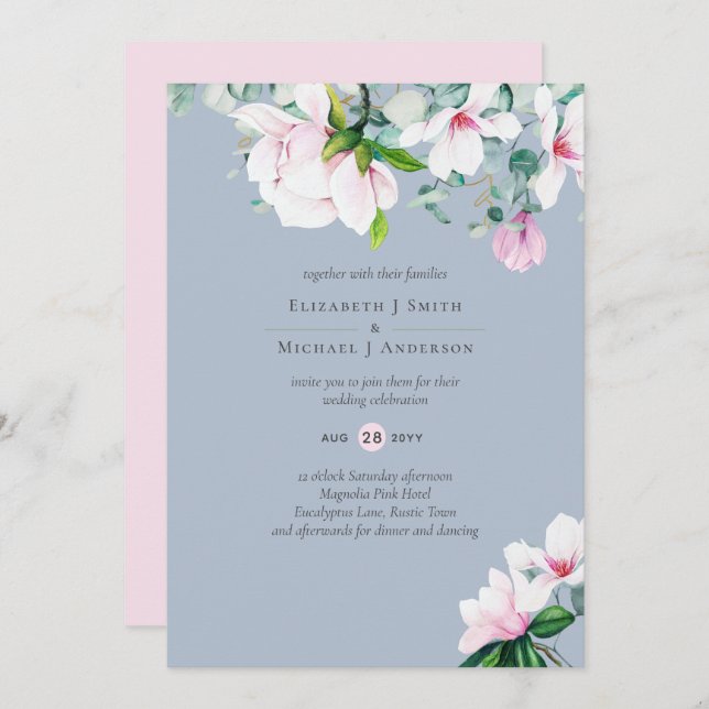 Magnolias rosadas Sage Eucalyptus Dusty Blue Boda (Anverso / Reverso)