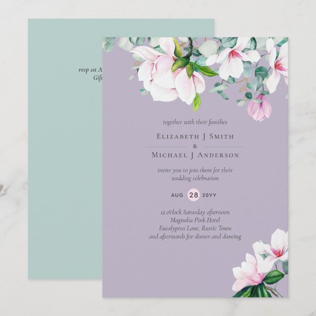 Magnolias rosadas Sage Eucalyptus Lavender Boda (Anverso / Reverso)