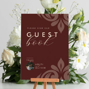 Mahogany Red Elegant Damask Photo Guestbook Rótulo