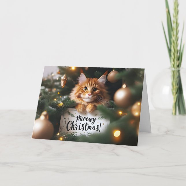 Maine Coon Cat en una tarjeta de árbol de Navidad (Anverso)