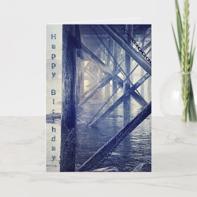 Maine Harbour Docks Tarjeta Rustic Blue Birday (Anverso)