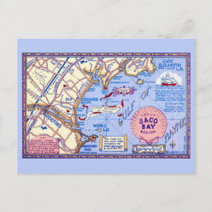 Maine - Mapa de la Bahía de Saco Tarjeta Postal