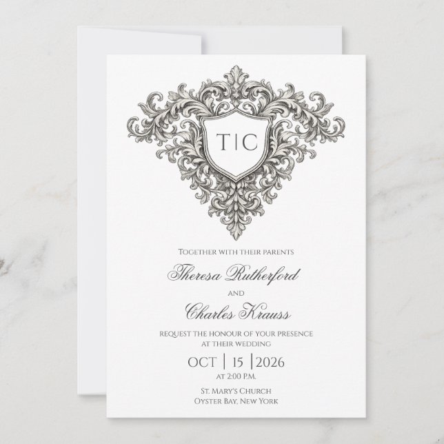Majestic Monogram Crest Wedding Invitation (Anverso)
