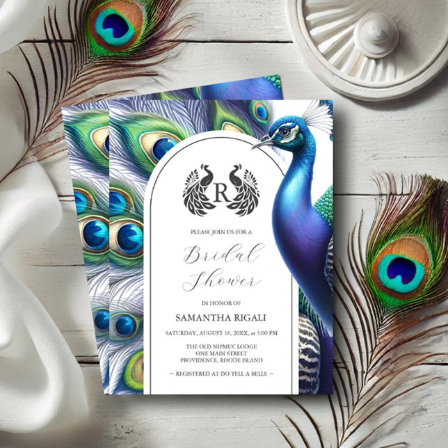 Majestic Peacock Bridal Shower Invitaciones (Bridal shower invitations watercolor peacock and monogram Do Tell A Belle)