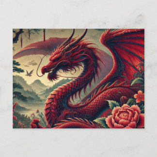 Majestuosa postal del Dragón Rojo - Arte Fantastic