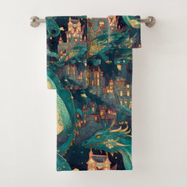 Majestuosos dragones Verde azulados y pueblo